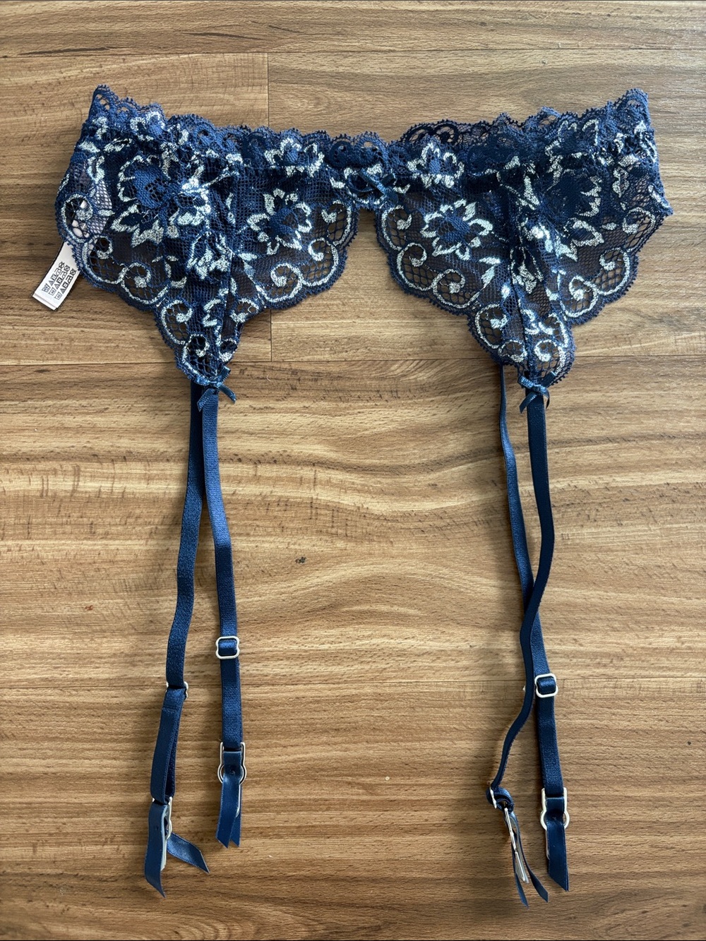Victoria’s Secret Navy Blue Lace Garter Belt with Silver Embroidery